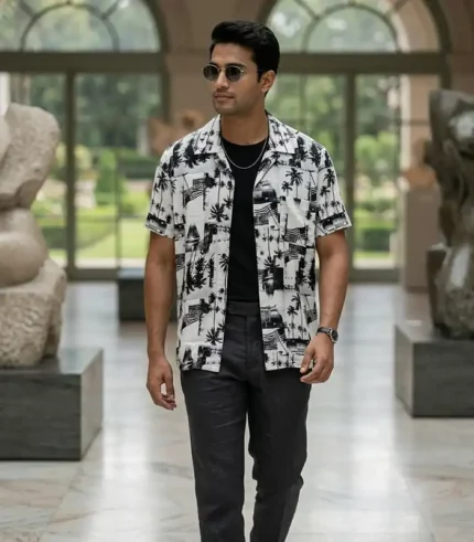 Men's White Black Monochrome Palm Scene Print Viscose Shirt