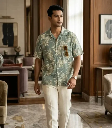 Men's Sage Green Tonal Pineapple & Palm Print Viscose Shirt