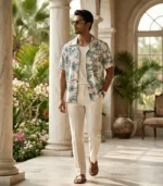 Men's cream tropical floral print viscose shirt with camp collar styled with cream trousers and sandals