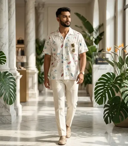 Men's White Hawaiian Scene Print Viscose Shirt