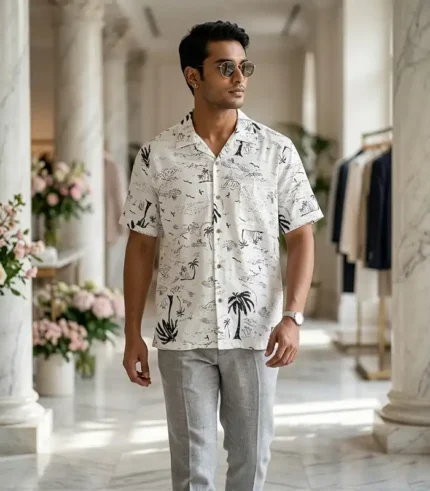 Men's White Black Toile Island Print Viscose Shirt