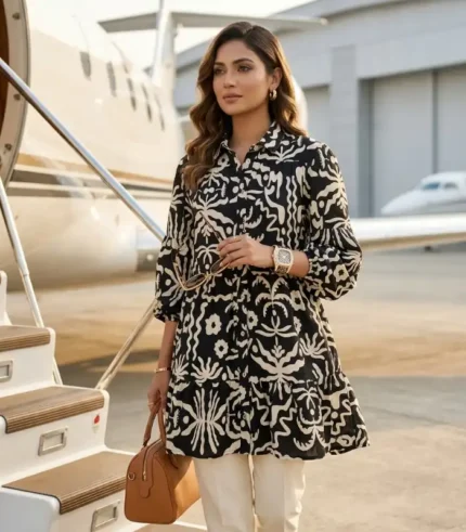 Women's Black & Off-White Abstract Printed Tunic Shirt Dress