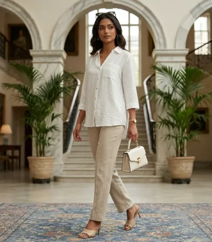 Women's White Linen Blend Oversized Button-Down Shirt | 3/4 Sleeve Casual Everyday Top