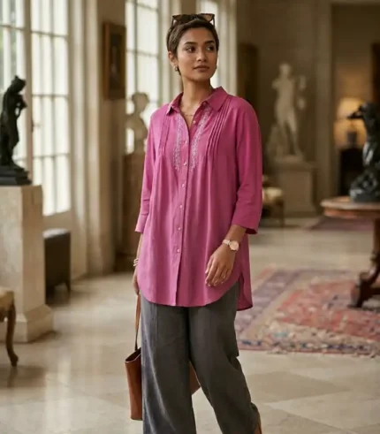 Women's Pintuck Pleat Embroidered Tunic Shirt | 3/4 Sleeve Button-Down Long Top