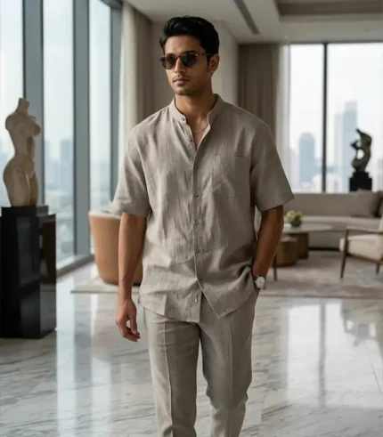 Men's Stone Grey Solid Linen Blend Mandarin Collar Short Sleeve Shirt