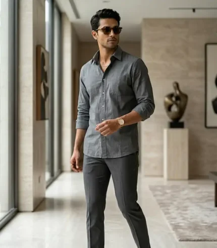 Men's Slate Grey Solid Linen Blend Long Sleeve Shirt