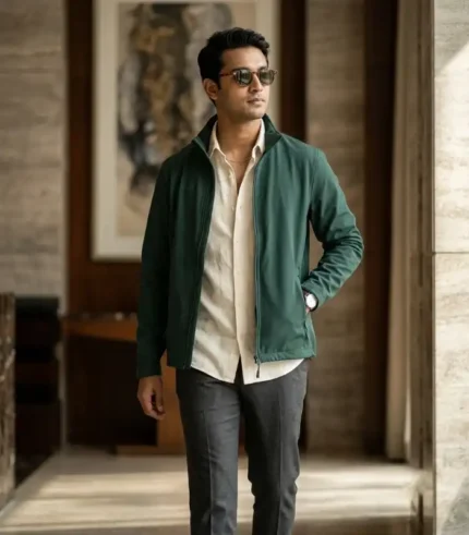 Men's Forest Green Softshell Jacket | Full Zip Stand Collar Casual Outerwear