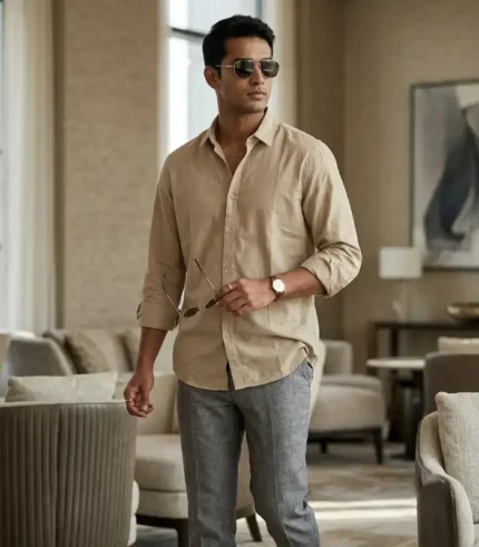 Men's Beige Linen Cotton Casual Shirt | Regular Fit Long Sleeve Everyday Shirt