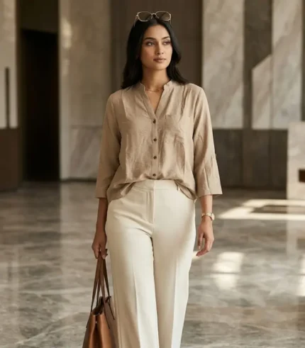 Women's Sand Beige Solid Linen Blend Grandad Collar 3/4 Sleeve Shirt