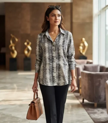 Women's Grey Black Snake Print Button-Down Shirt