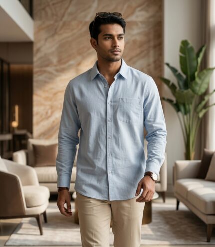 Men’s Soft Light Blue Textured Long Sleeve Button-Up Shirt