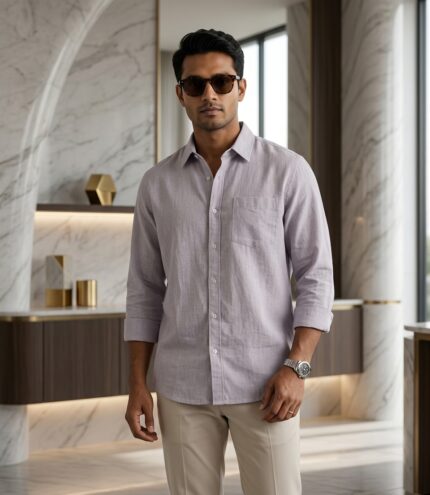 Men’s Soft Lavender Linen-Blend Long Sleeve Button-Up Shirt